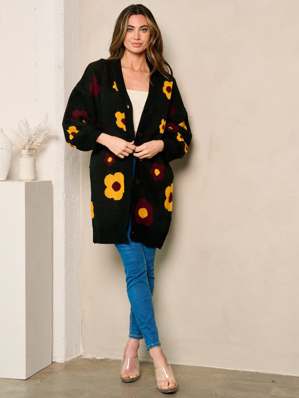 WOMEN'S LONG SLEEVE BUTTON UP FLORAL OVERSIZED CARDIGAN