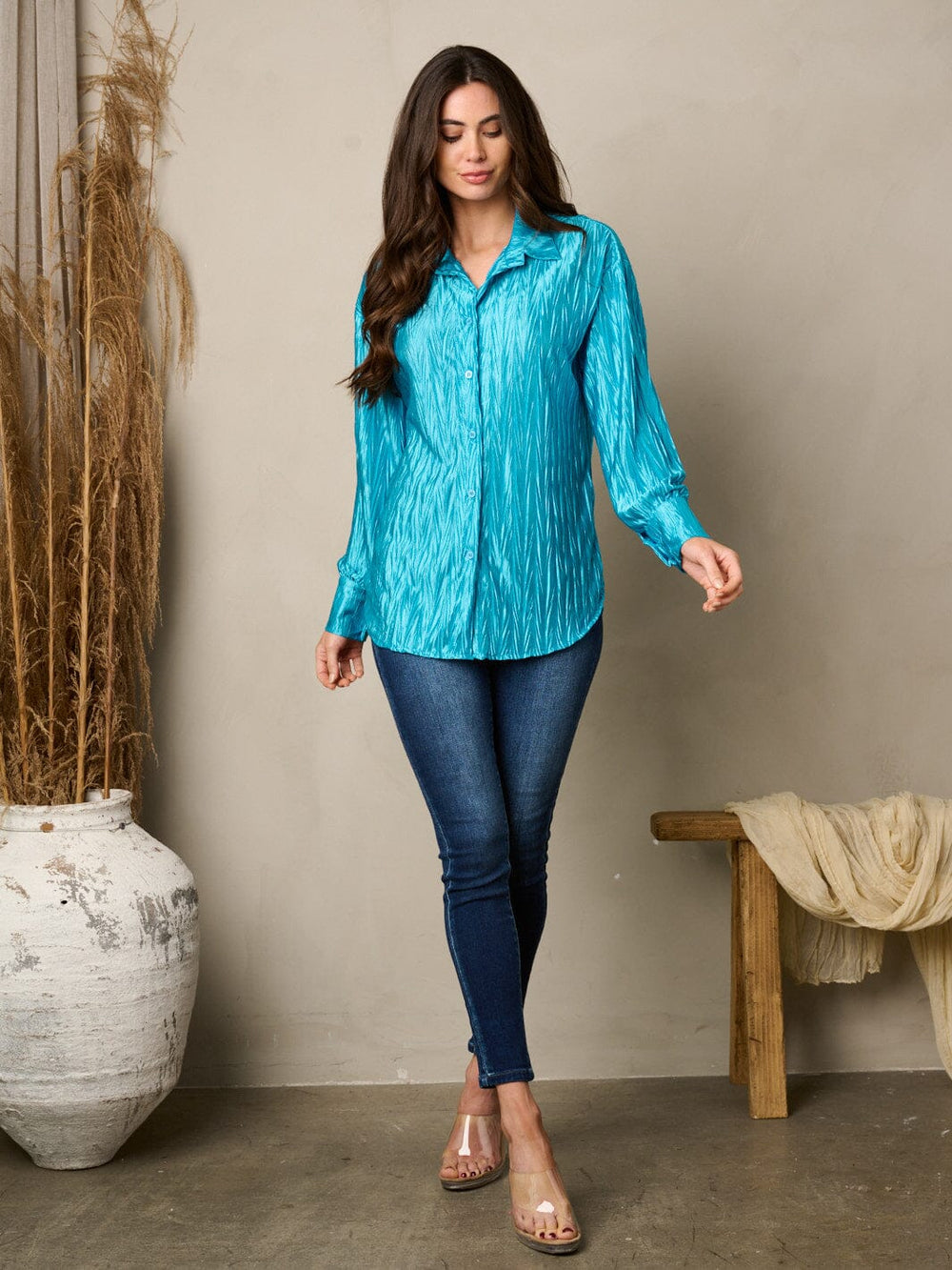 WOMEN'S LONG SLEEVE BUTTON UP SILK LOOSE FIT TOP