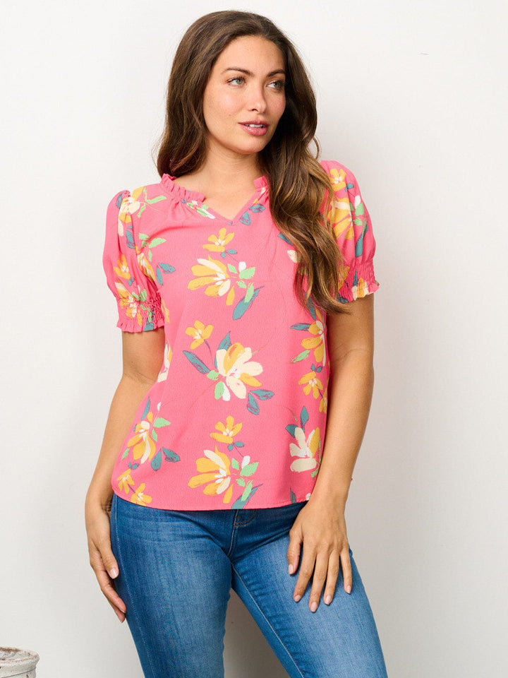 WOMEN'S SHORT PUFF SLEEVE V-NECK FLORAL BLOUSE TOP