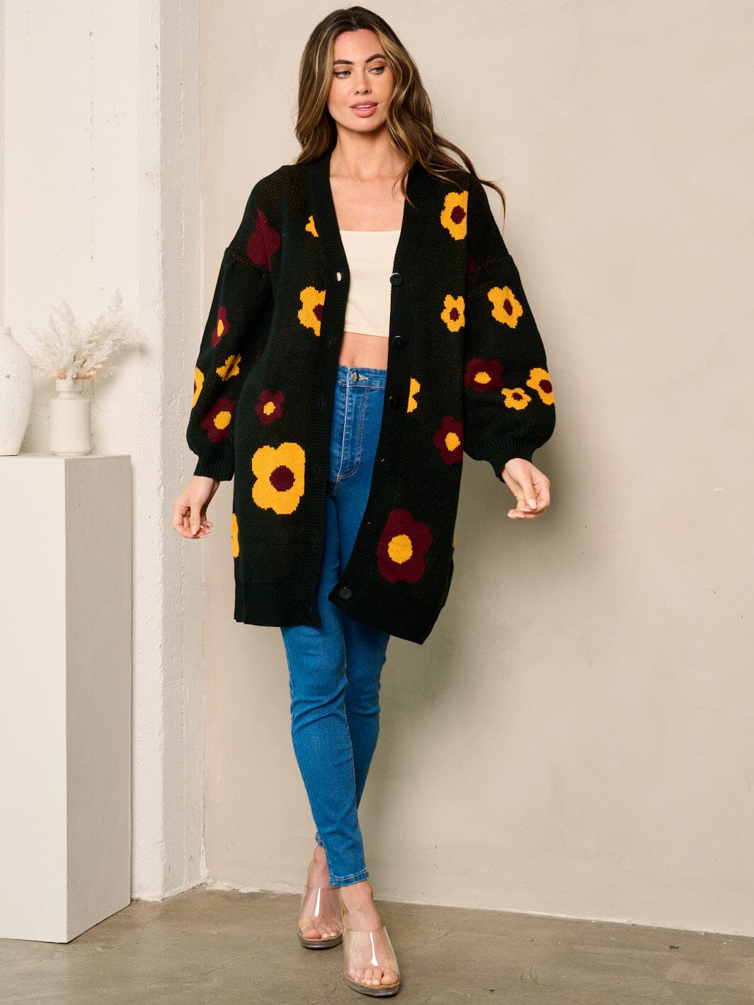 WOMEN'S LONG SLEEVE BUTTON UP FLORAL OVERSIZED CARDIGAN