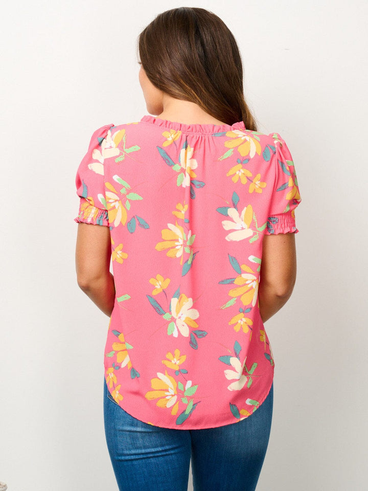 WOMEN'S SHORT PUFF SLEEVE V-NECK FLORAL BLOUSE TOP