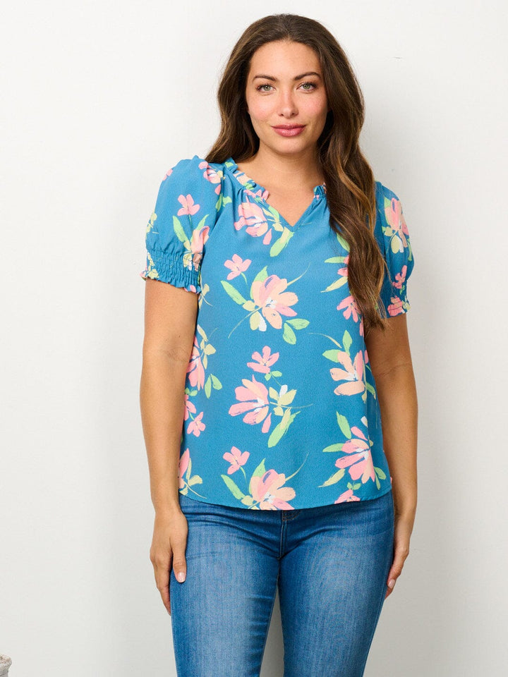 WOMEN'S SHORT PUFF SLEEVE V-NECK FLORAL BLOUSE TOP