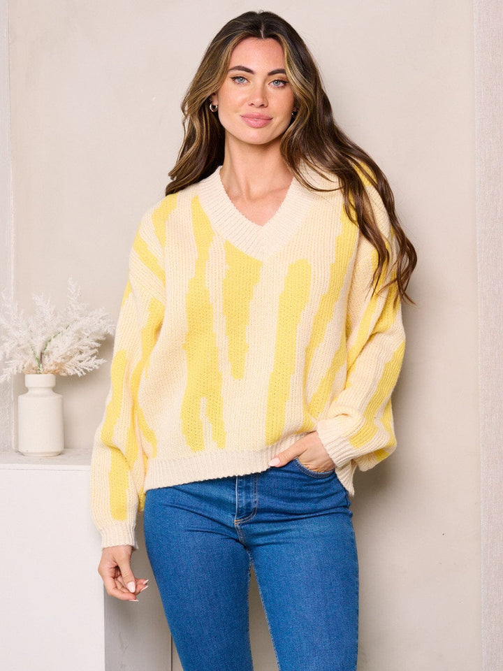 WOMEN'S LONG SLEEVES V-NECK COLORBLOCK SWEATER
