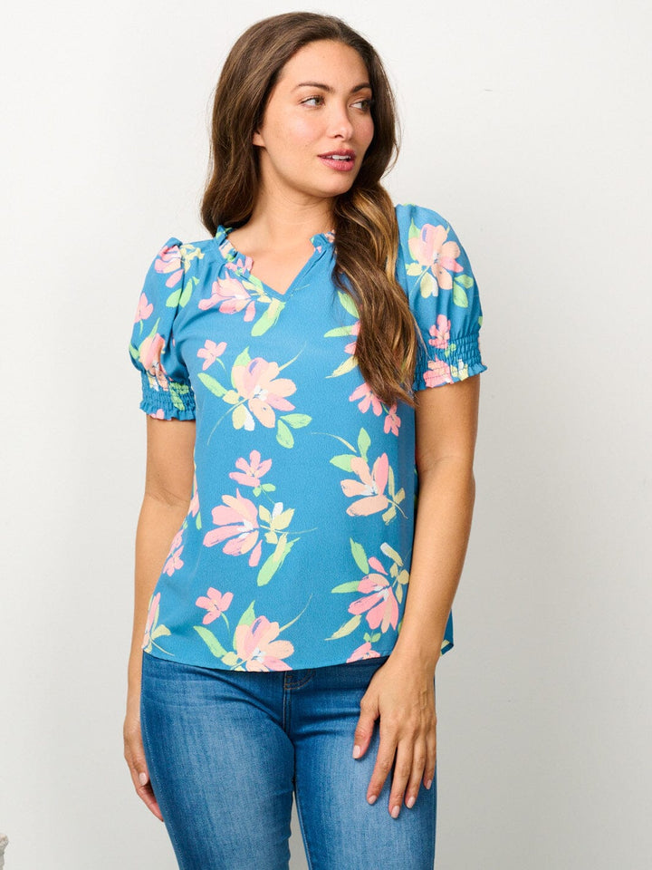 WOMEN'S SHORT PUFF SLEEVE V-NECK FLORAL BLOUSE TOP