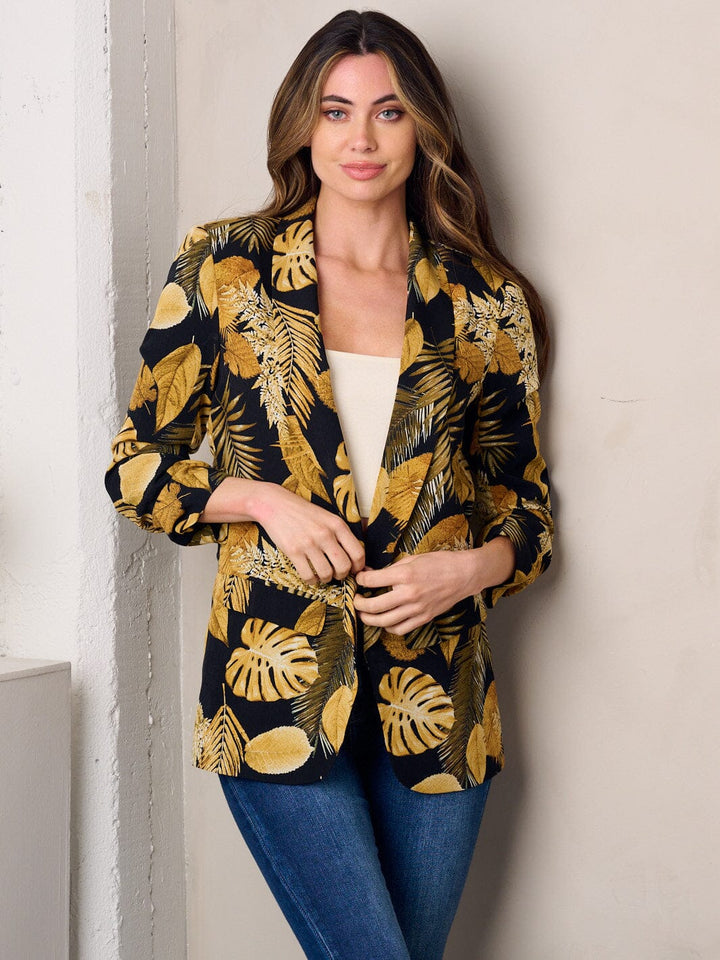 WOMEN'S 3/4 SLEEVE OPEN FRONT LEAF PRINT BLAZER