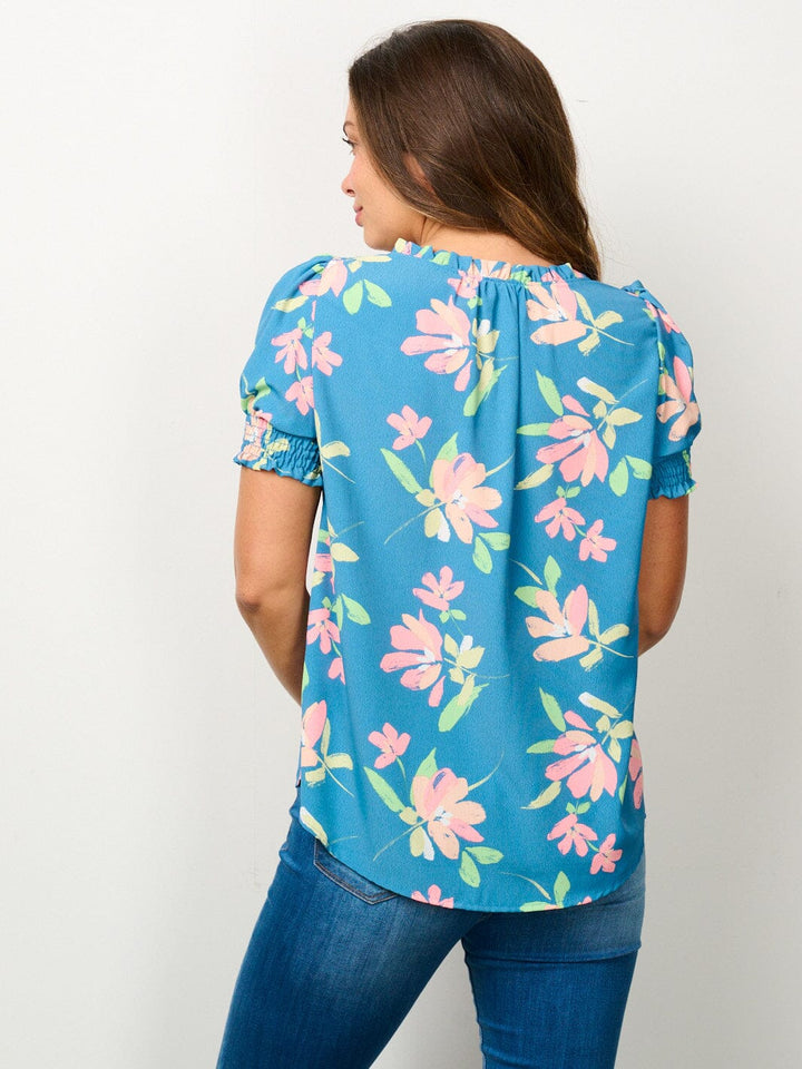 WOMEN'S SHORT PUFF SLEEVE V-NECK FLORAL BLOUSE TOP