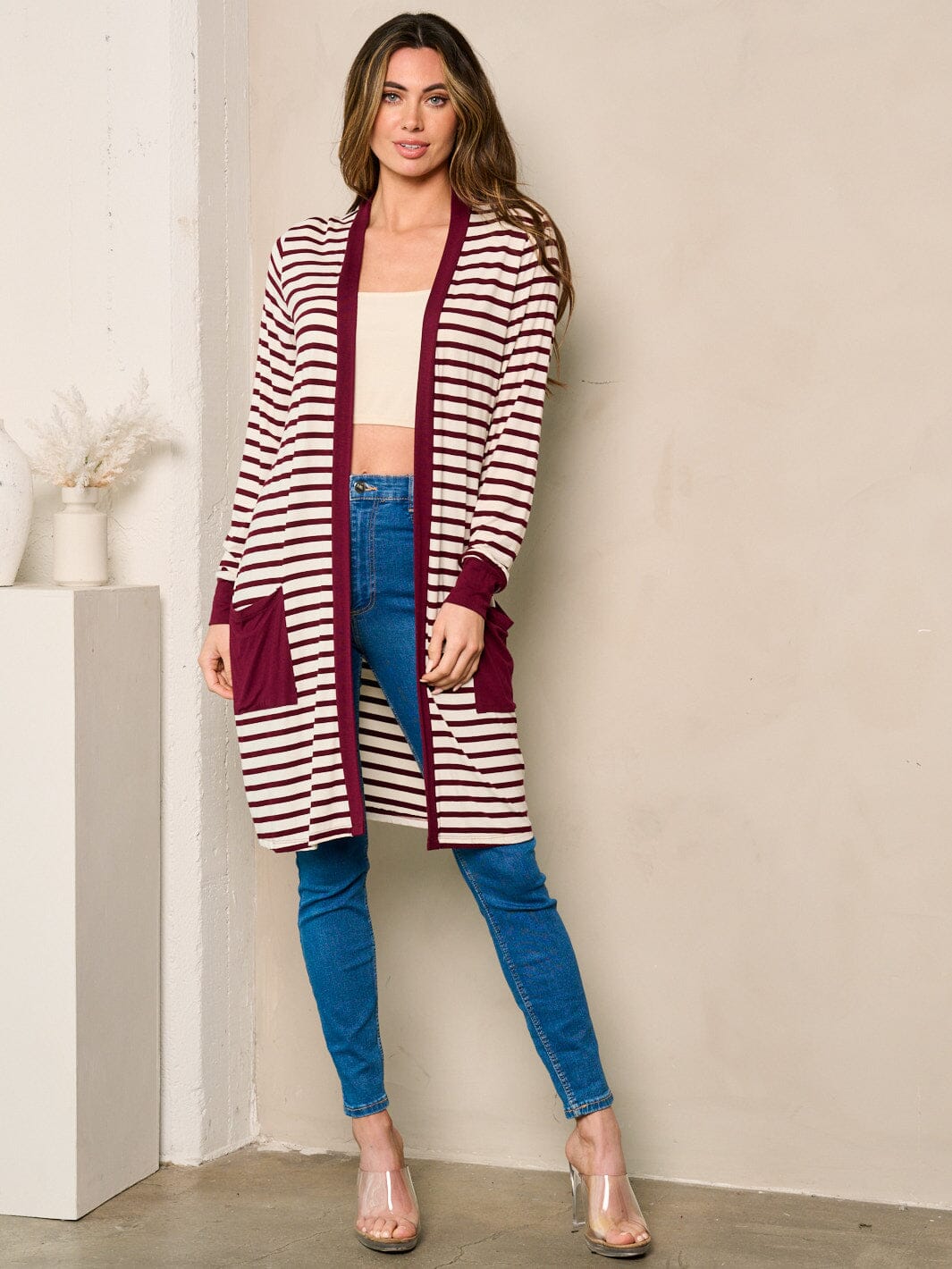 WOMEN'S LONG SLEEVE OPEN FRONT POCKETS STRIPES CARDIGAN