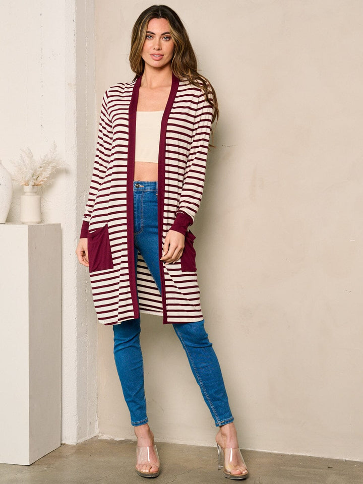 WOMEN'S LONG SLEEVE OPEN FRONT POCKETS STRIPES CARDIGAN