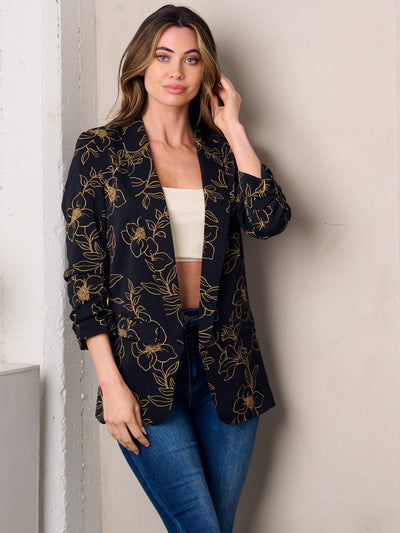 WOMEN'S 3/4 SLEEVE OPEN FRONT FLORAL PRINT BLAZER