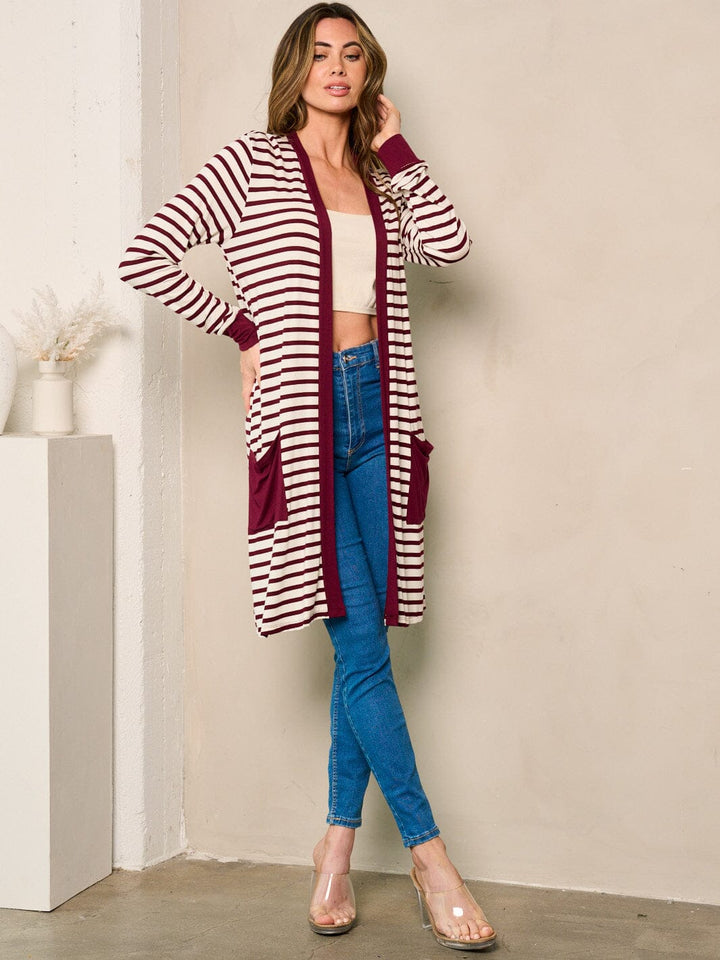 WOMEN'S LONG SLEEVE OPEN FRONT POCKETS STRIPES CARDIGAN