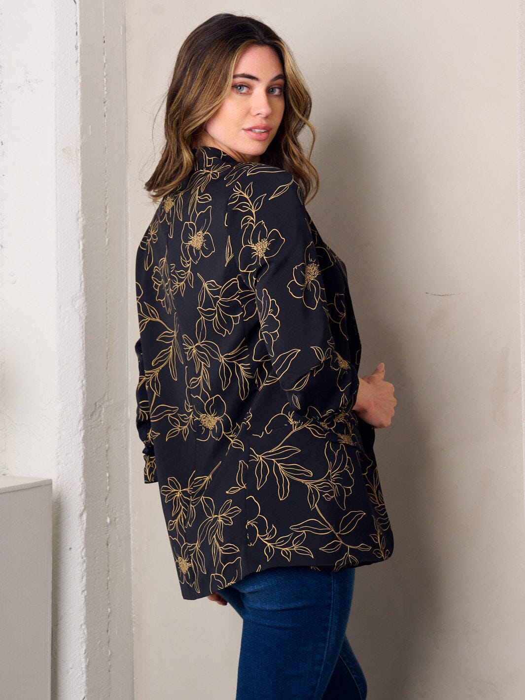 WOMEN'S 3/4 SLEEVE OPEN FRONT FLORAL PRINT BLAZER