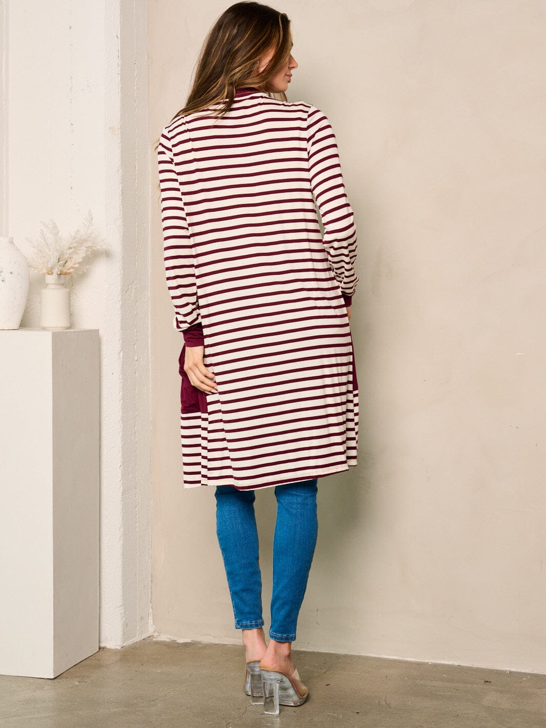 WOMEN'S LONG SLEEVE OPEN FRONT POCKETS STRIPES CARDIGAN