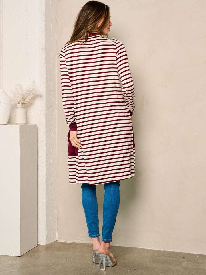 WOMEN'S LONG SLEEVE OPEN FRONT POCKETS STRIPES CARDIGAN