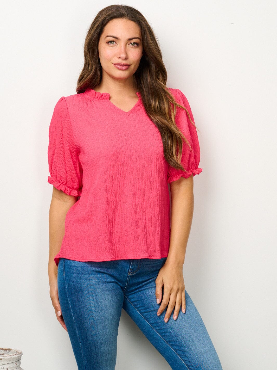 WOMEN'S SHORT PUFF SLEEVE V-NECK BLOUSE TOP