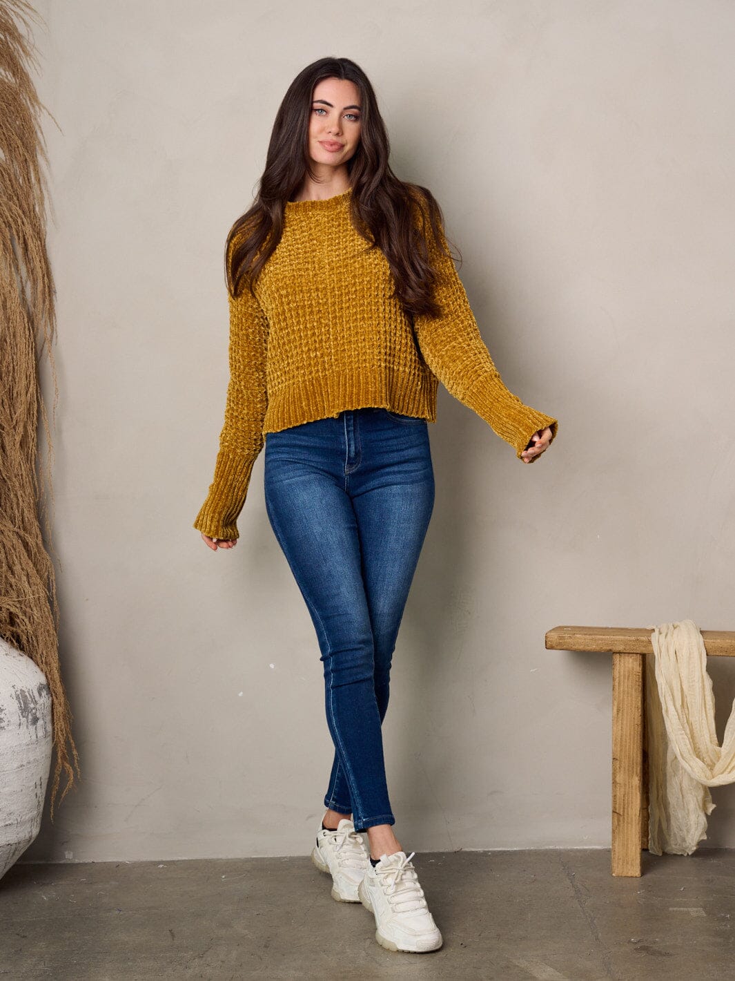 WOMEN'S LONG SLEEVE WAFFLE SWEATER
