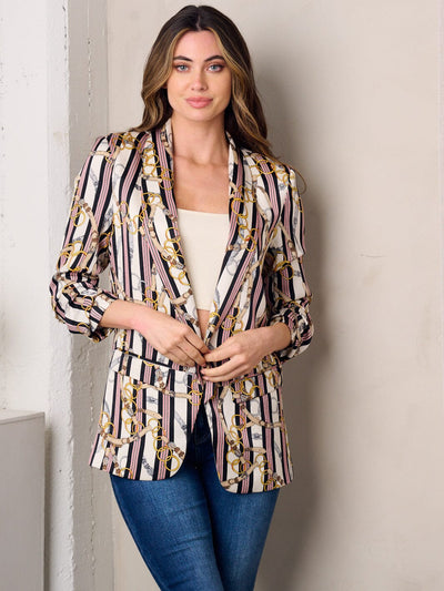 WOMEN'S 3/4 SLEEVE OPEN FRONT MULTI PRINT BLAZER