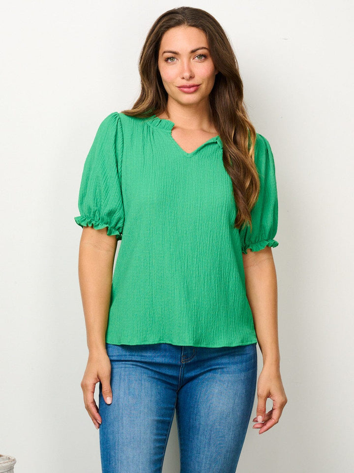 WOMEN'S SHORT PUFF SLEEVE V-NECK BLOUSE TOP