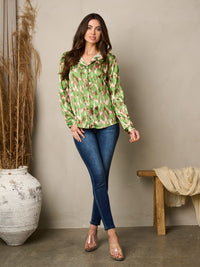WOMEN'S LONG SLEEVE BUTTON UP PRINTED BLOUSE TOP