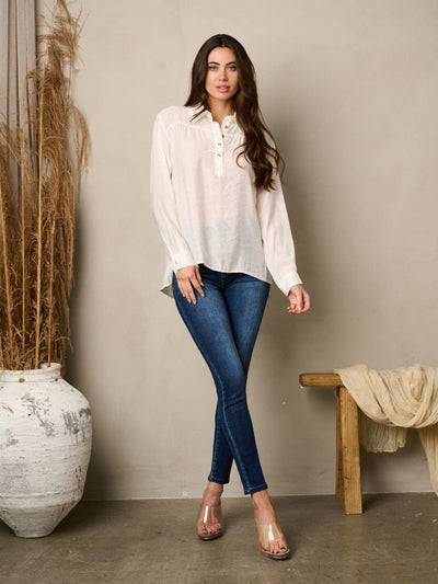 WOMEN'S LONG SLEEVE BUTTON UP NECK LOOSE FIT TOP