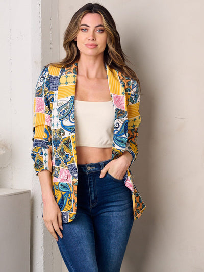 WOMEN'S 3/4 SLEEVE OPEN FRONT MULTI PRINT BLAZER