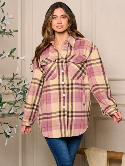 WOMENS LONG SLEEVE BUTTON UP PLAID OVERSIZED TOP