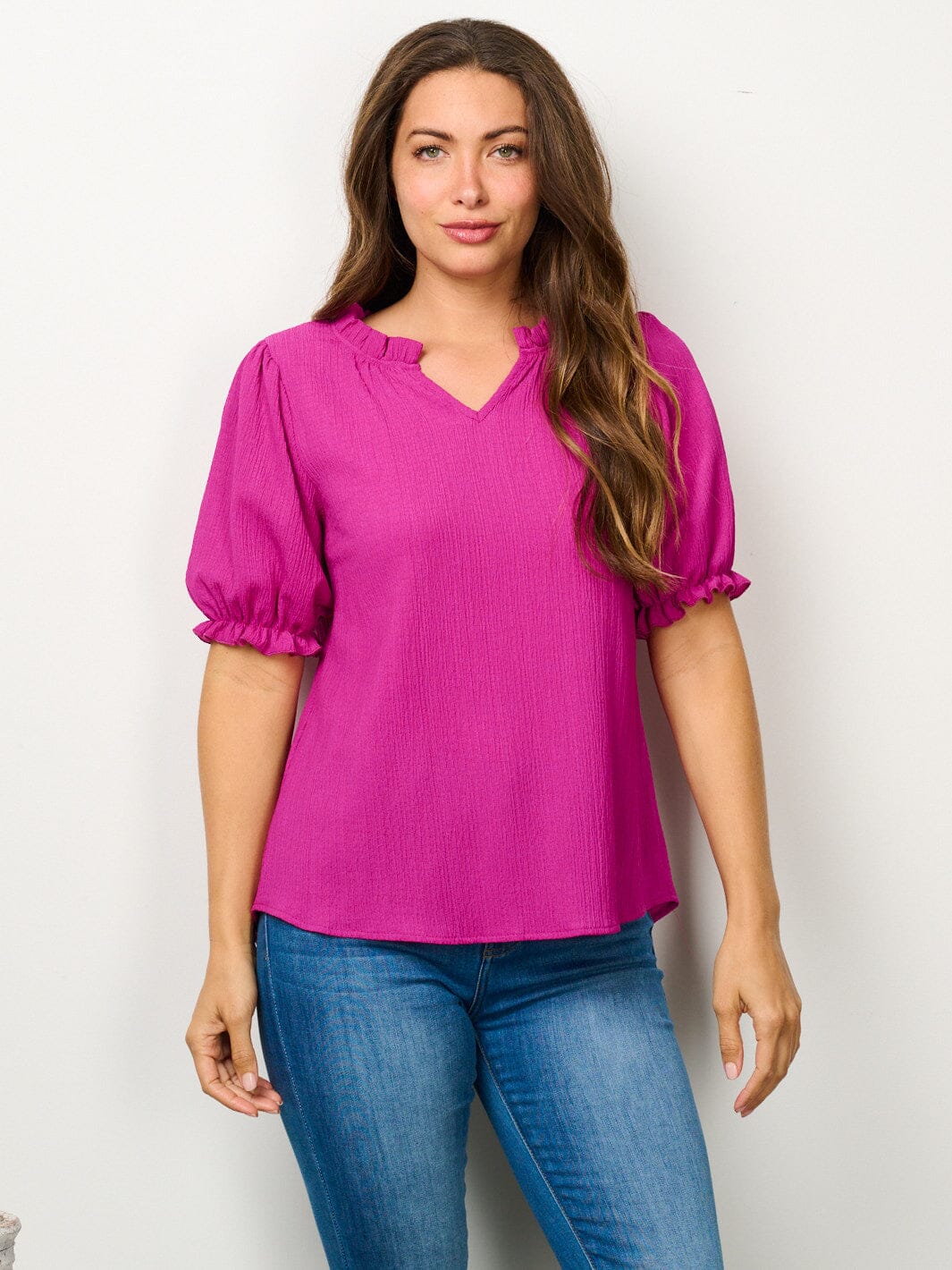 WOMEN'S SHORT PUFF SLEEVE V-NECK BLOUSE TOP