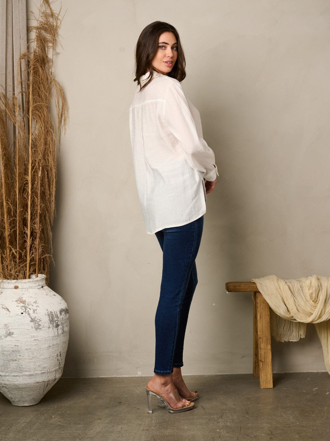 WOMEN'S LONG SLEEVE BUTTON UP NECK LOOSE FIT TOP