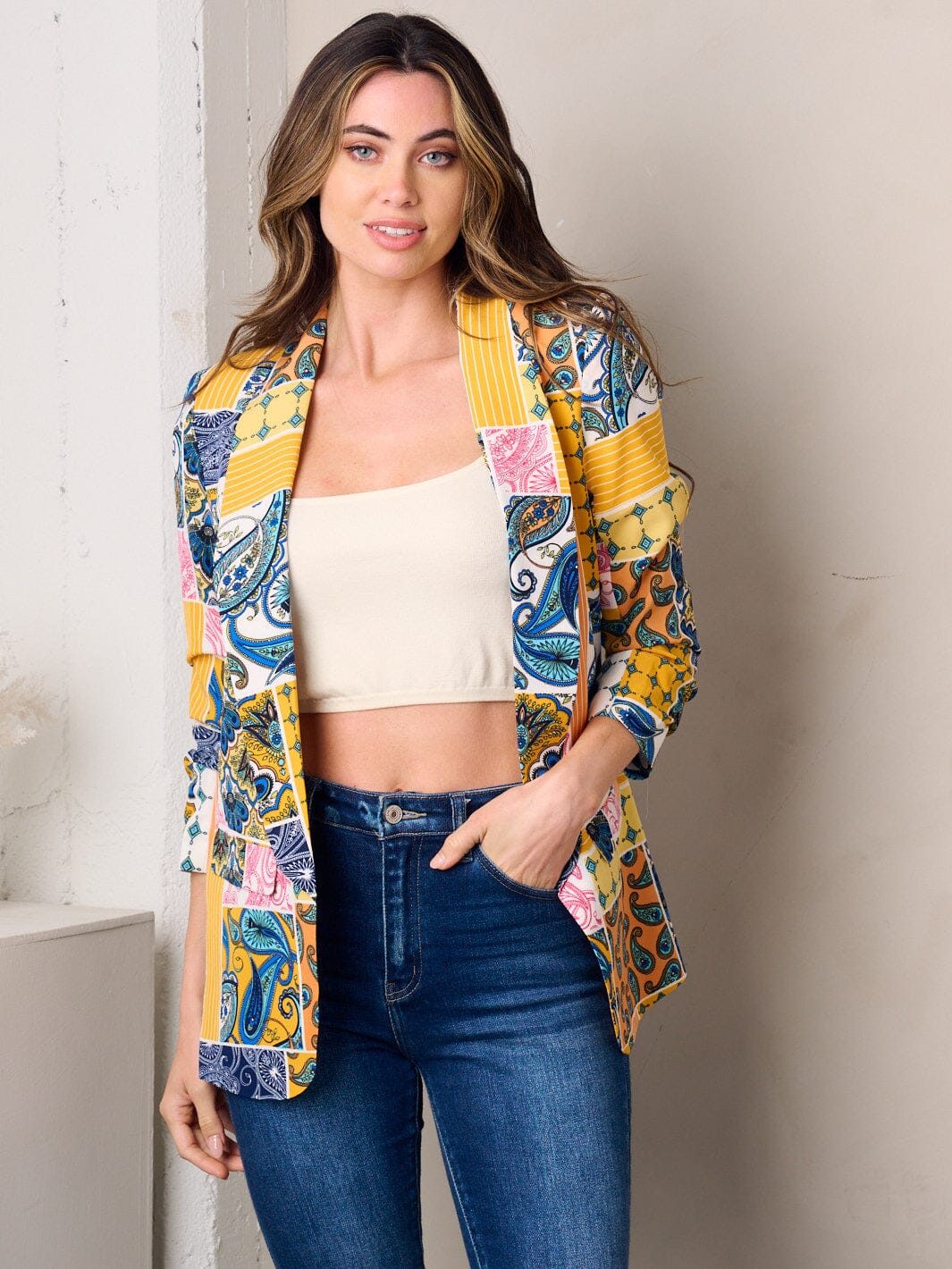 WOMEN'S 3/4 SLEEVE OPEN FRONT MULTI PRINT BLAZER