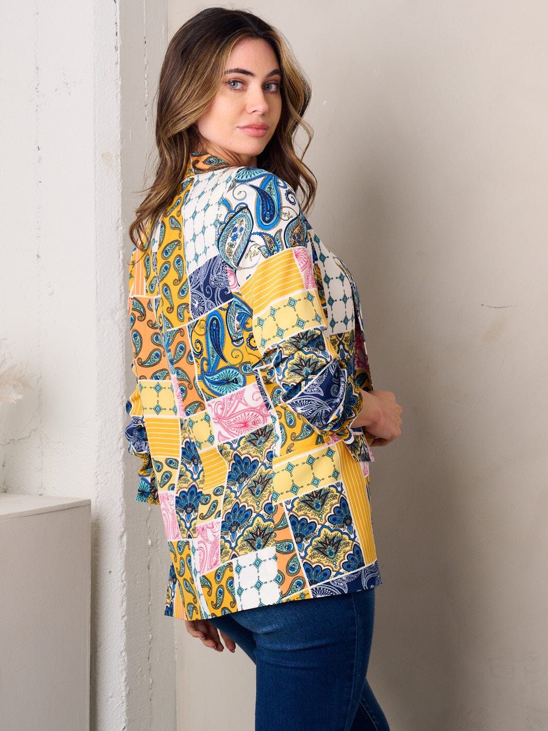 WOMEN'S 3/4 SLEEVE OPEN FRONT MULTI PRINT BLAZER