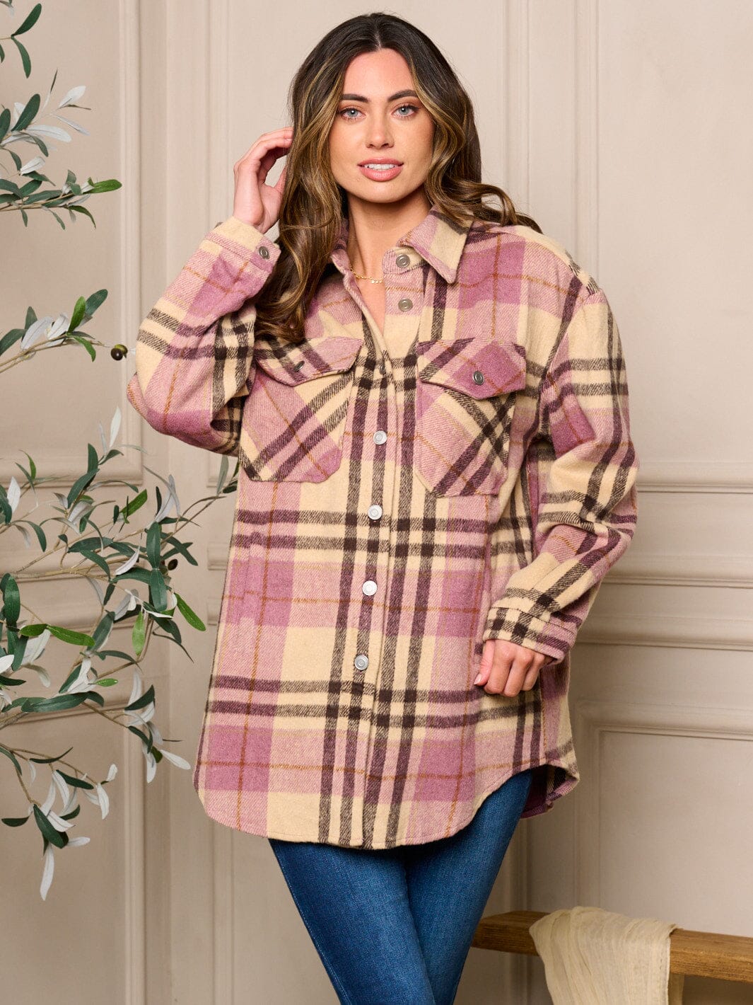 WOMENS LONG SLEEVE BUTTON UP PLAID OVERSIZED TOP