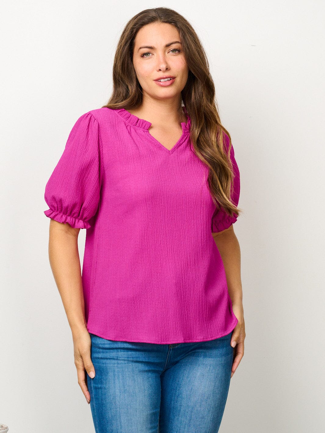 WOMEN'S SHORT PUFF SLEEVE V-NECK BLOUSE TOP
