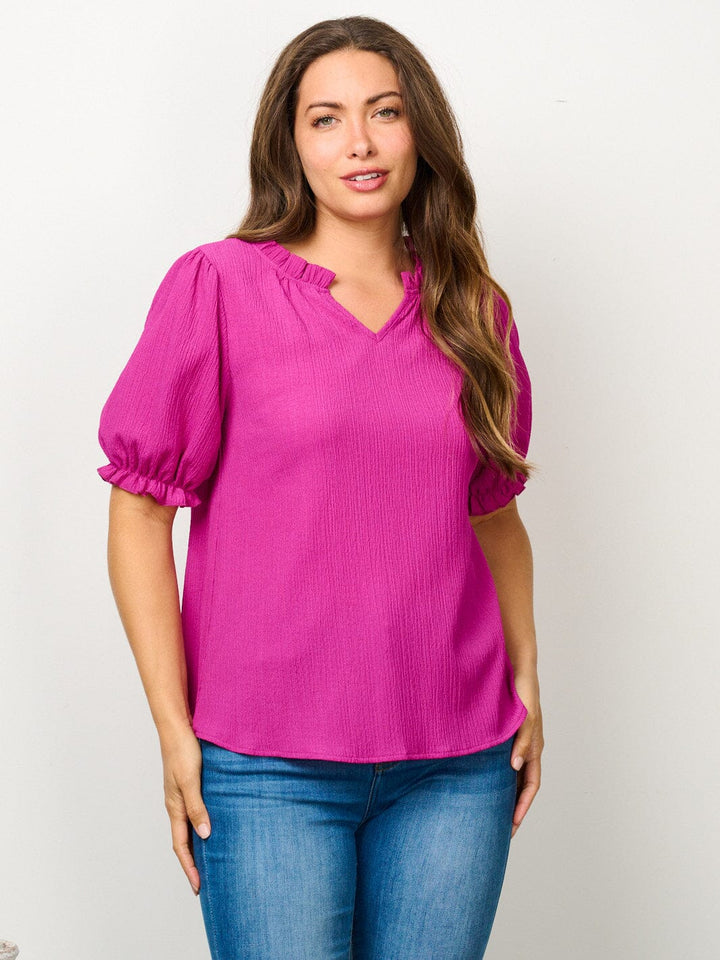 WOMEN'S SHORT PUFF SLEEVE V-NECK BLOUSE TOP