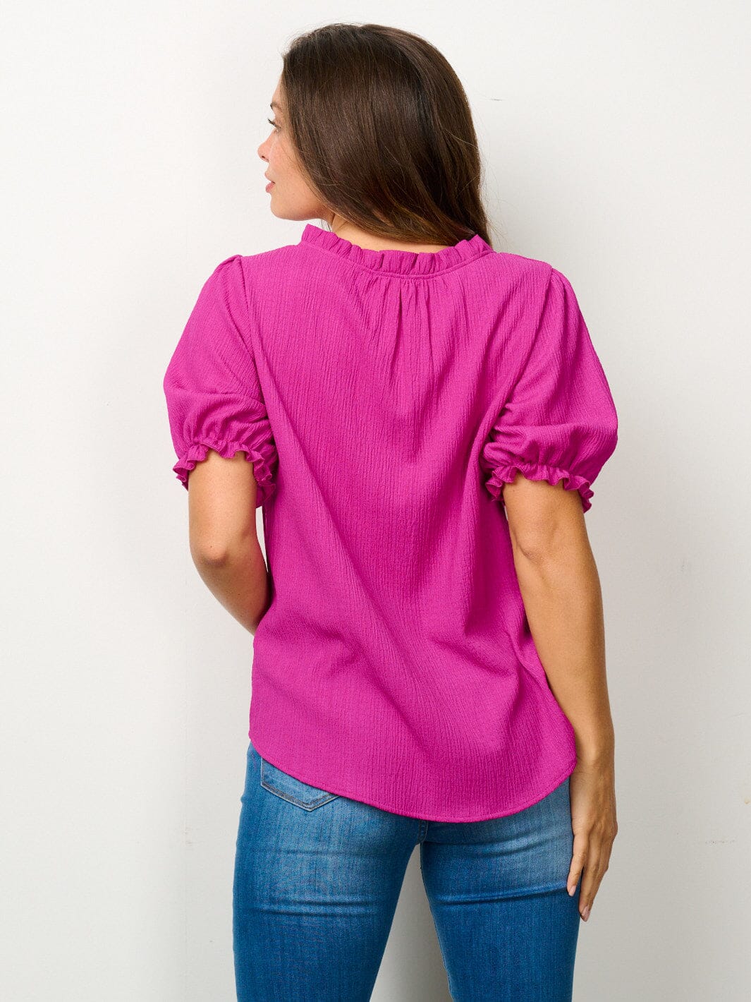 WOMEN'S SHORT PUFF SLEEVE V-NECK BLOUSE TOP