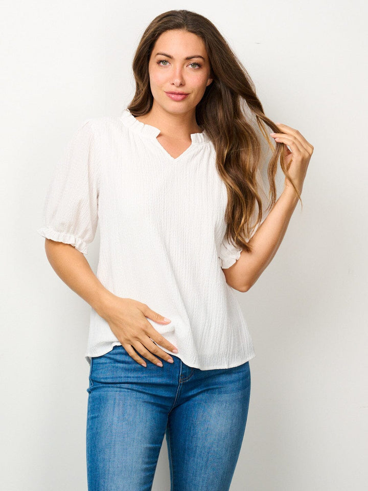WOMEN'S SHORT PUFF SLEEVE V-NECK BLOUSE TOP