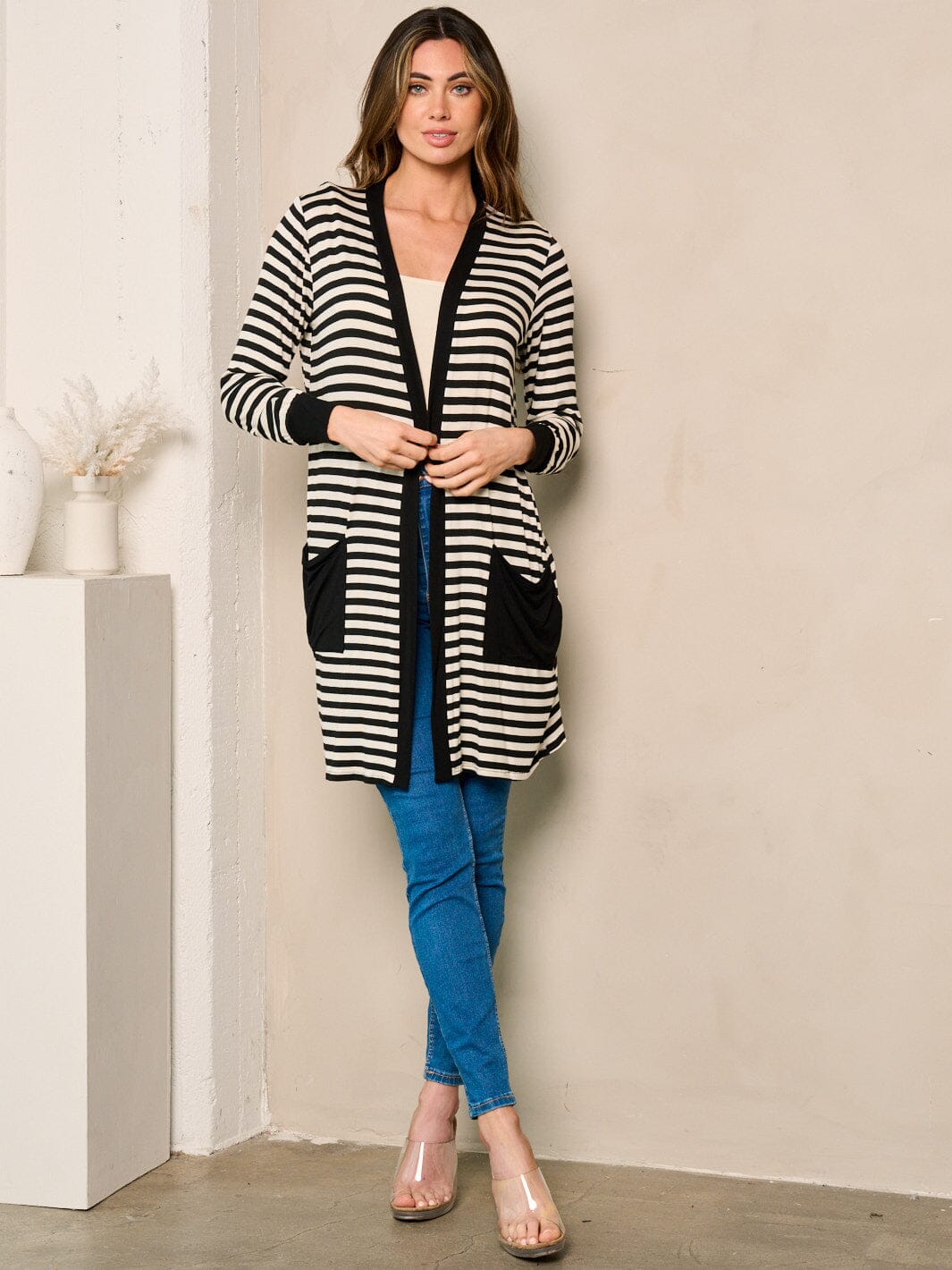 WOMEN'S LONG SLEEVE OPEN FRONT POCKETS STRIPES CARDIGAN