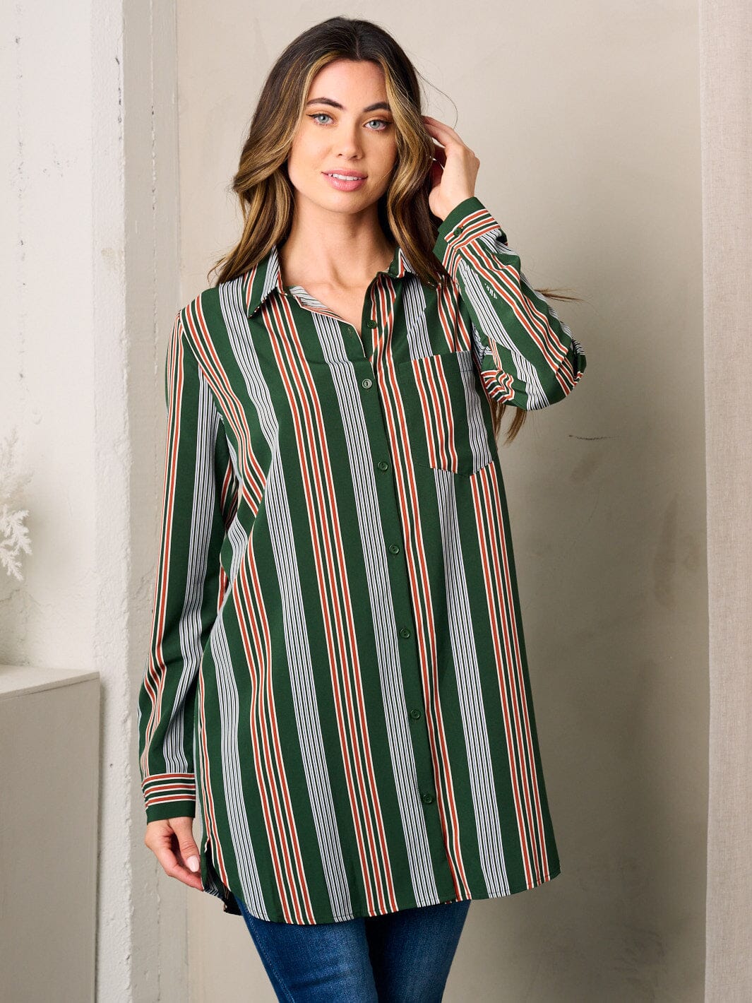 WOMEN'S LONG SLEEVE BUTTON UP MULTI TOP