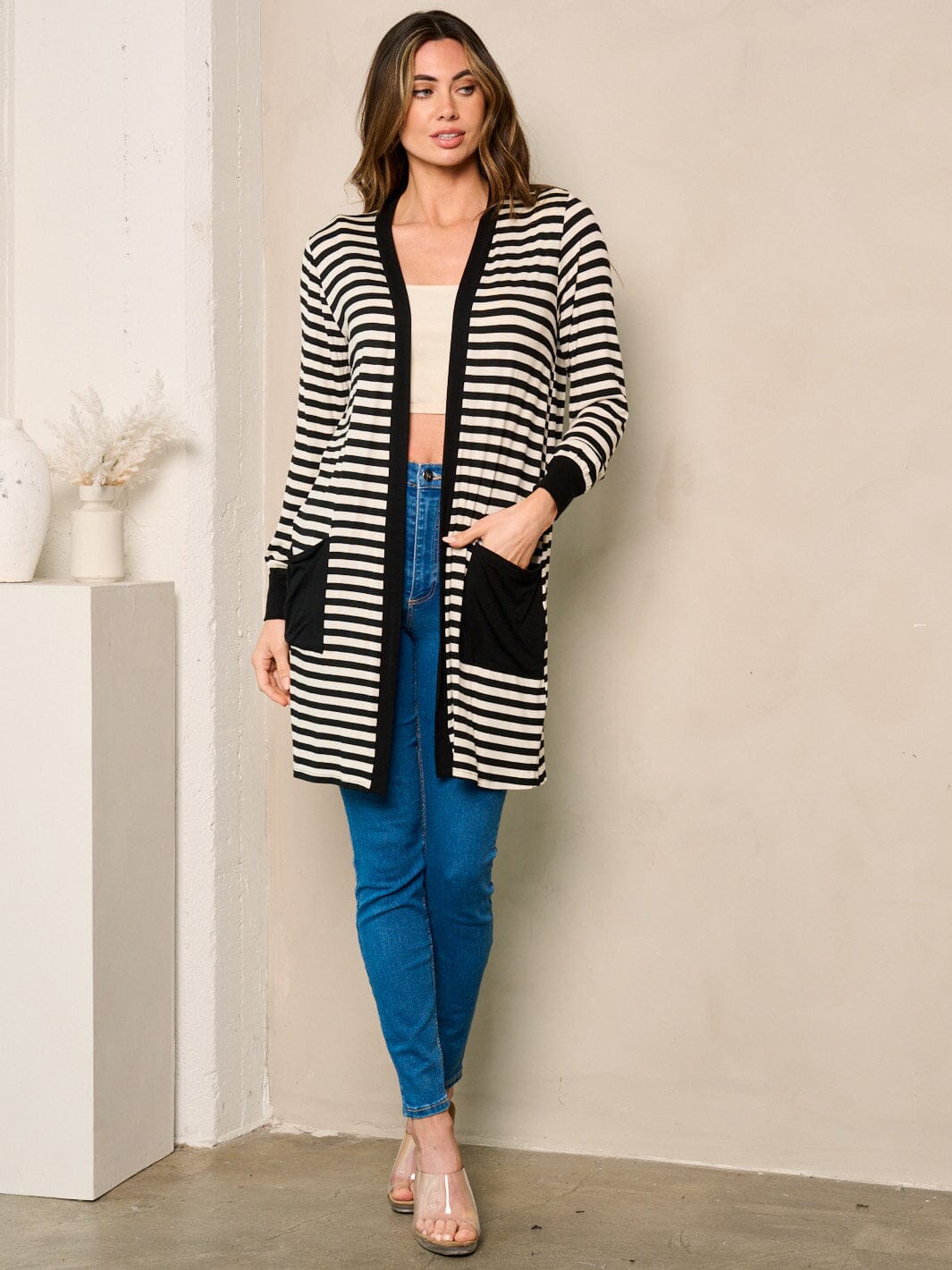 WOMEN'S LONG SLEEVE OPEN FRONT POCKETS STRIPES CARDIGAN