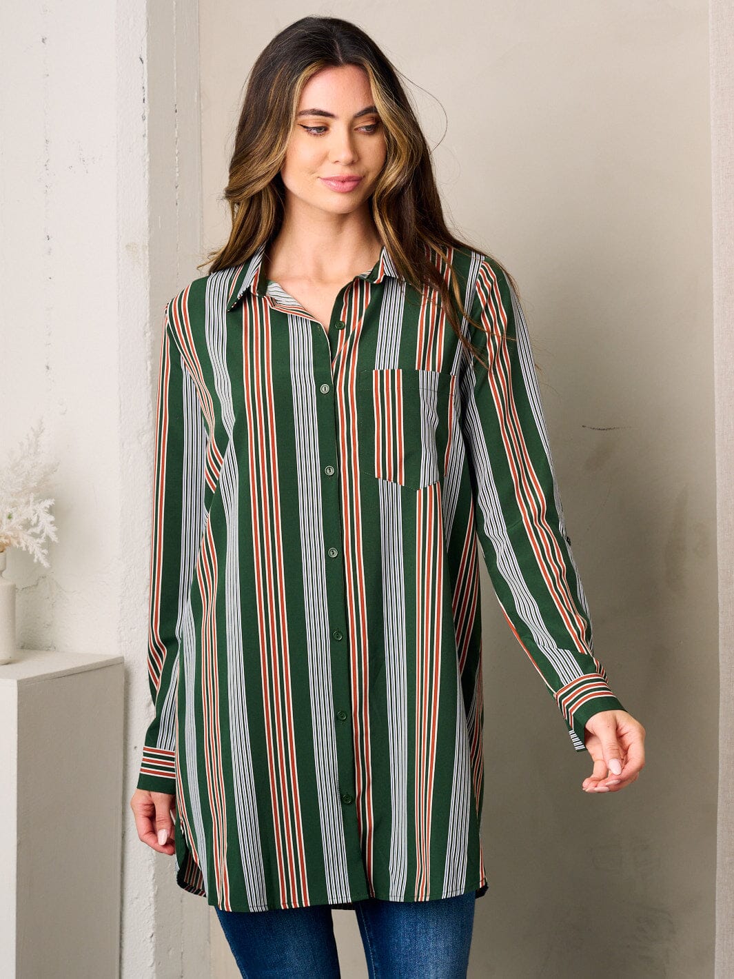 WOMEN'S LONG SLEEVE BUTTON UP MULTI TOP