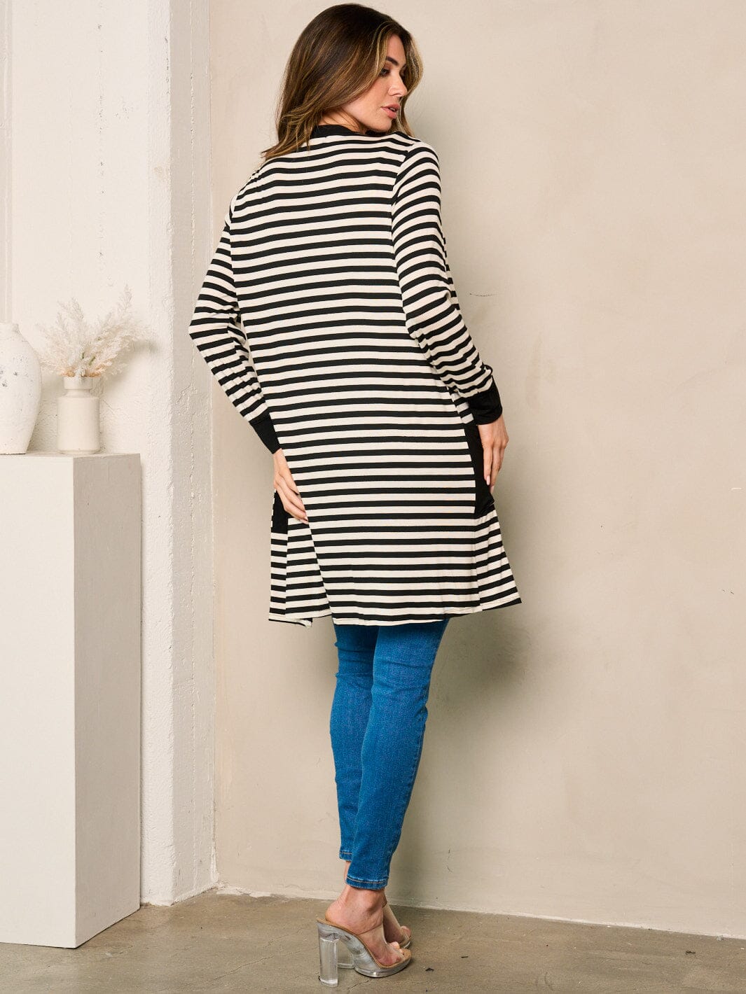 WOMEN'S LONG SLEEVE OPEN FRONT POCKETS STRIPES CARDIGAN