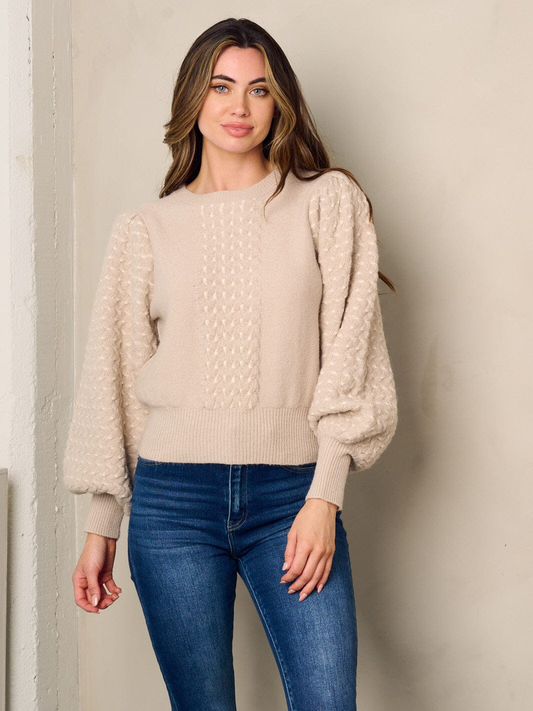 WOMEN'S LONG PUFF SLEEVE DETAILED KNIT SWEATER