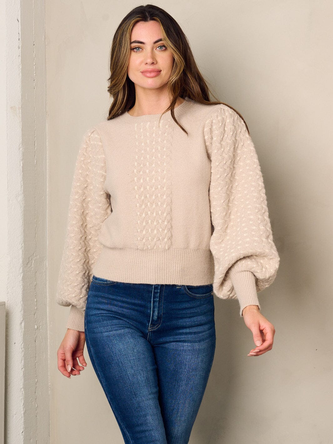 WOMEN'S LONG PUFF SLEEVE DETAILED KNIT SWEATER