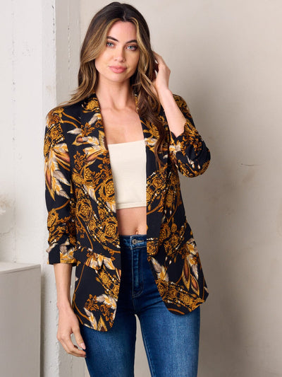WOMEN'S 3/4 SLEEVE OPEN FRONT MULTI PRINT BLAZER