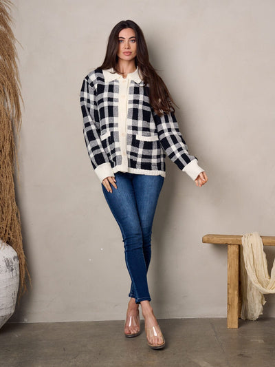 WOMEN'S LONG SLEEVE FRONT POCKETS BUTTON UP PLAID SWEATER CARDIGAN