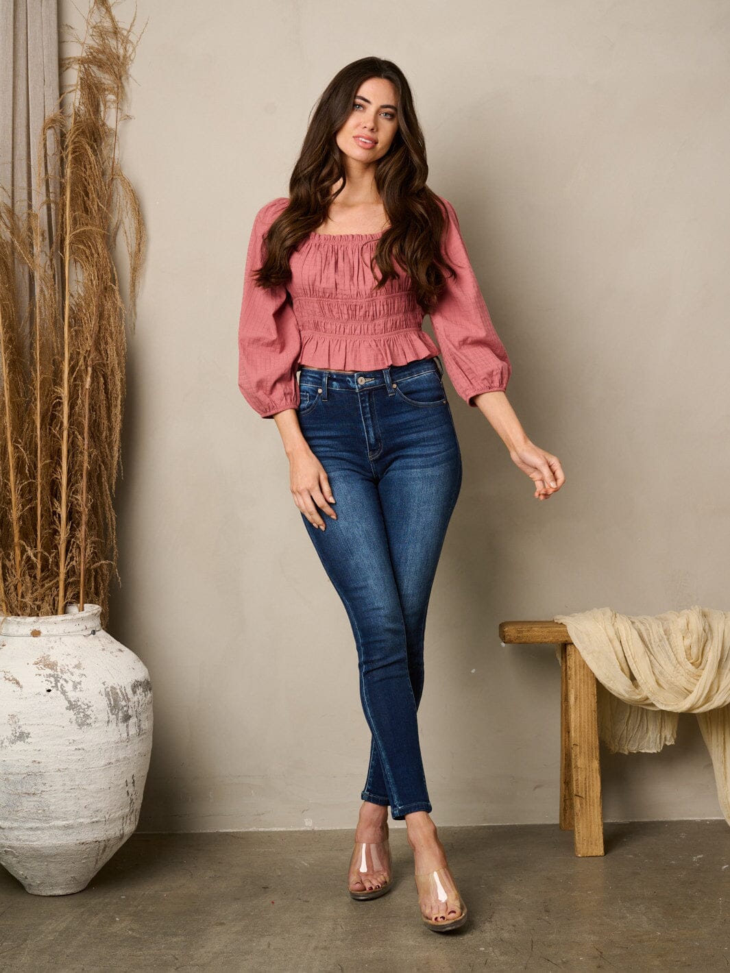 WOMEN'S 3/4 SLEEVELESS BACK TIE SMOCK BLOUSE TOP