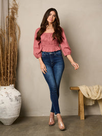 WOMEN'S 3/4 SLEEVELESS BACK TIE SMOCK BLOUSE TOP