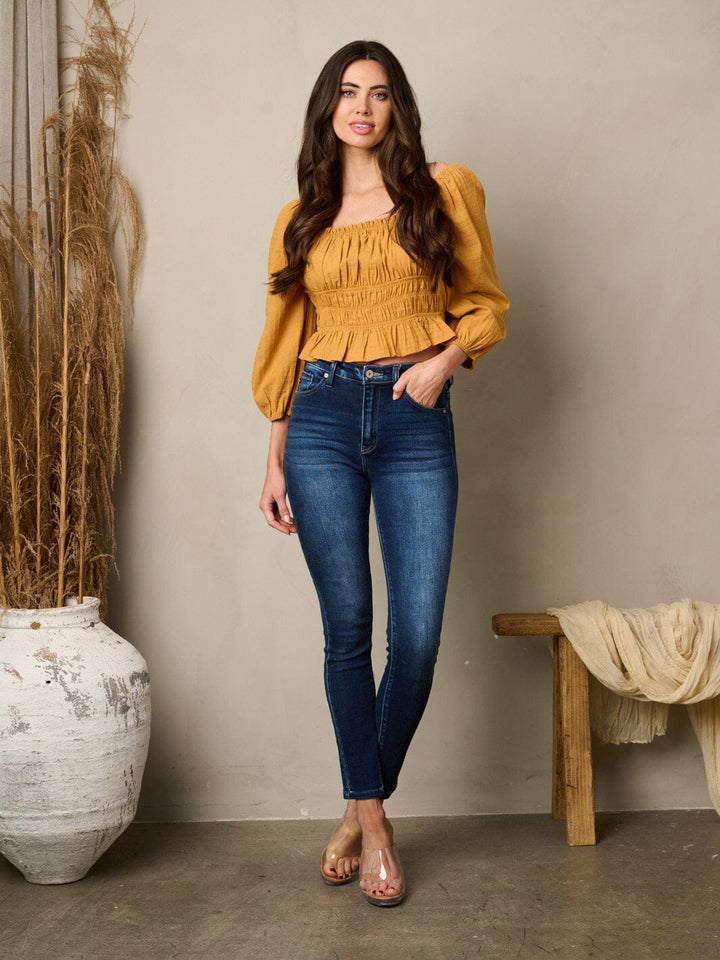 WOMEN'S 3/4 SLEEVELESS BACK TIE SMOCK BLOUSE TOP