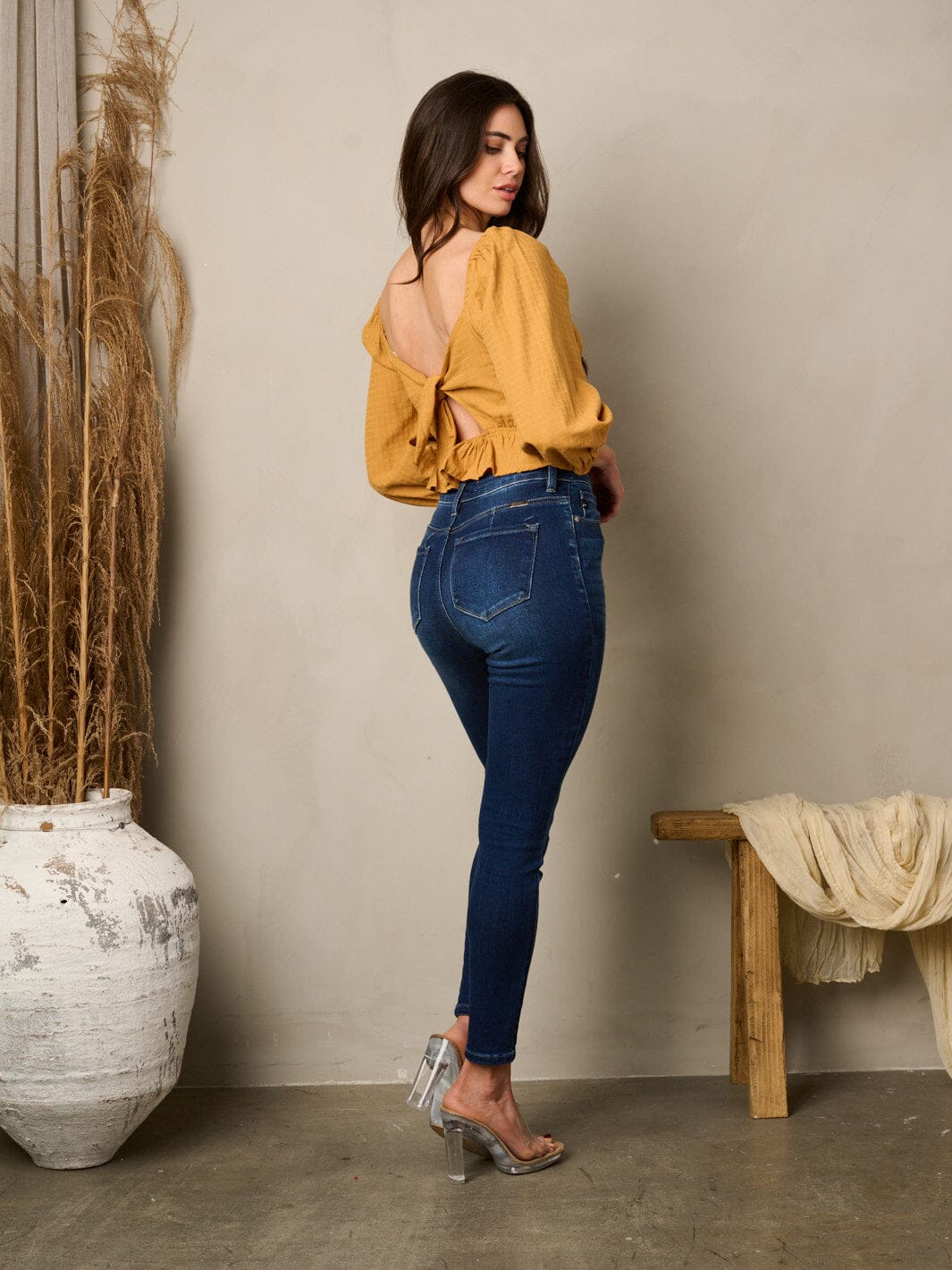 WOMEN'S 3/4 SLEEVELESS BACK TIE SMOCK BLOUSE TOP