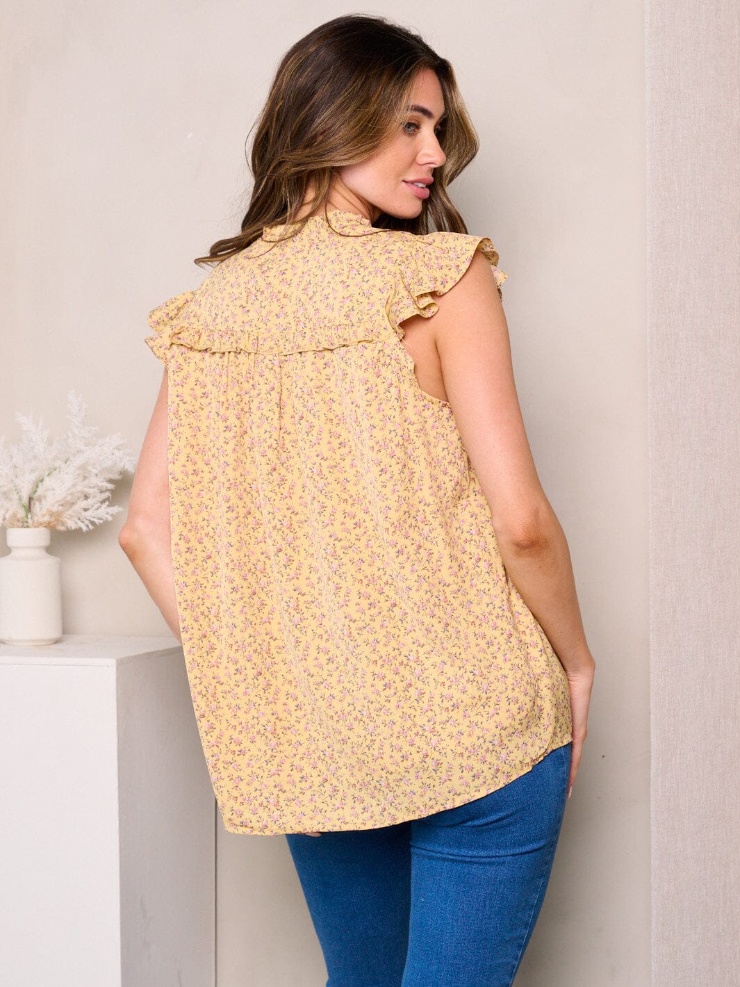 WOMEN'S RUFFLE SLEEVES NECK TIE FLORAL TUNIC TOP