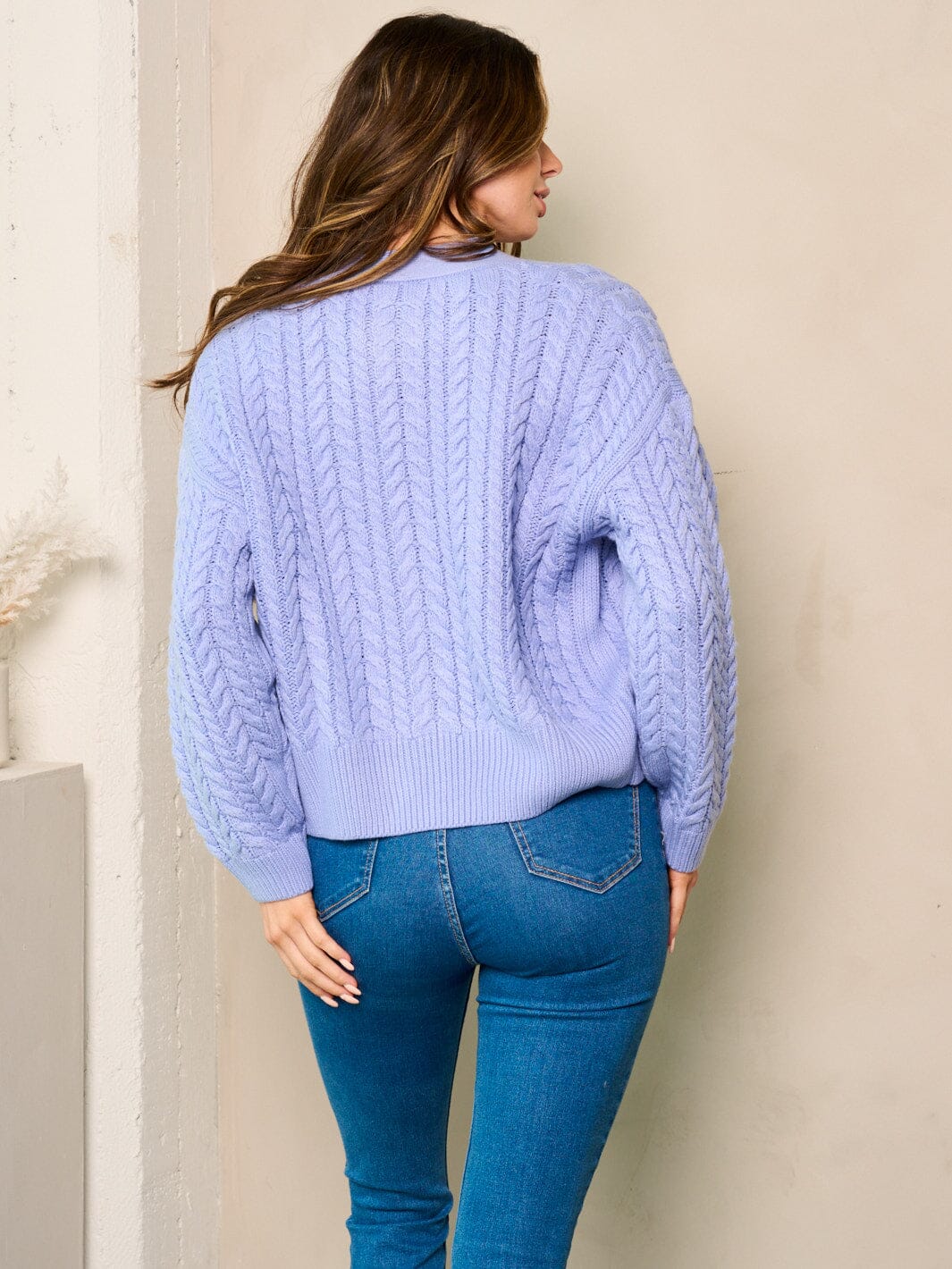 WOMEN'S LONG PUFF SLEEVE BUTTON UP CABLE KNIT SWEATER