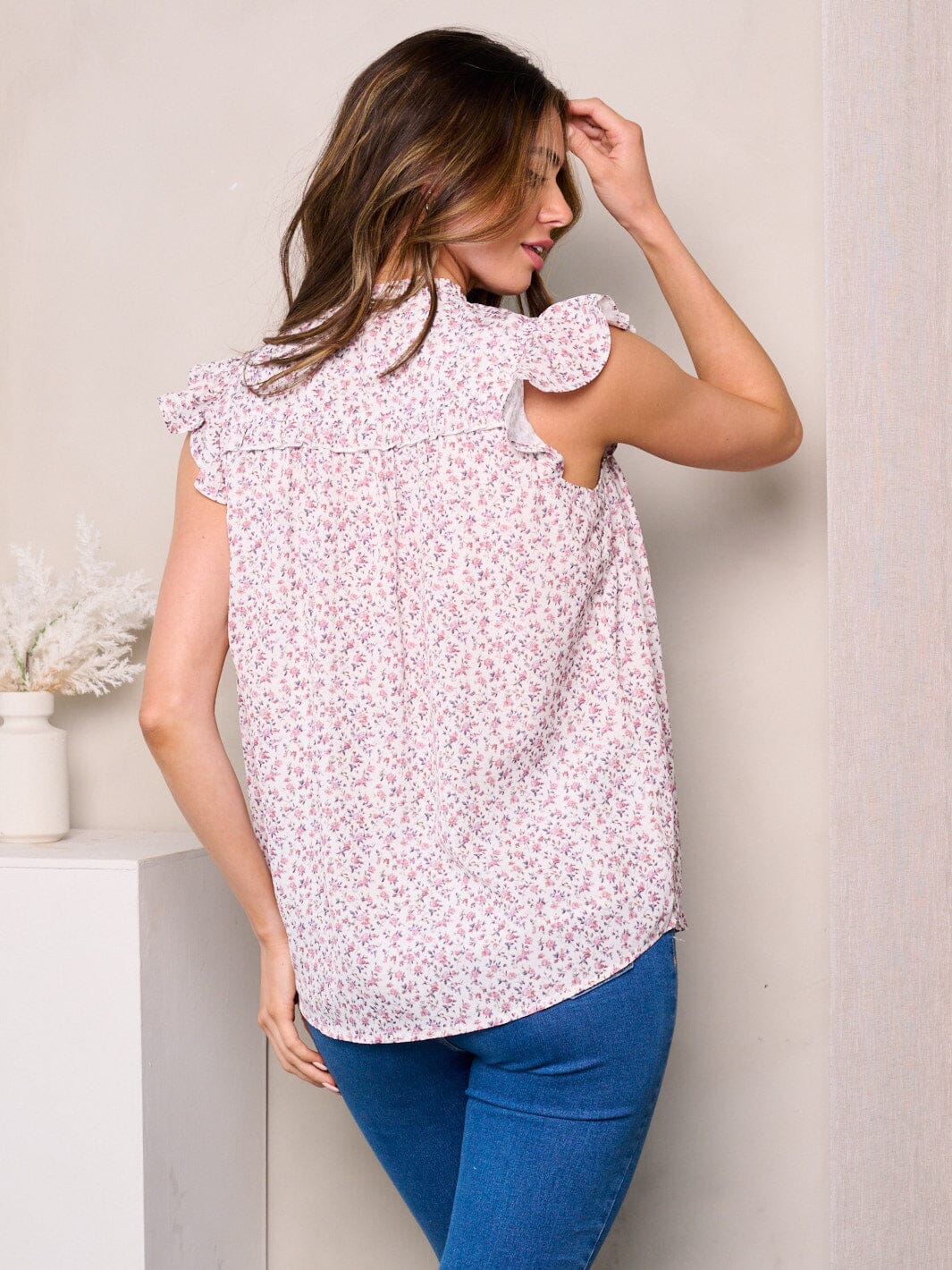 WOMEN'S RUFFLE SLEEVES NECK TIE FLORAL TUNIC TOP